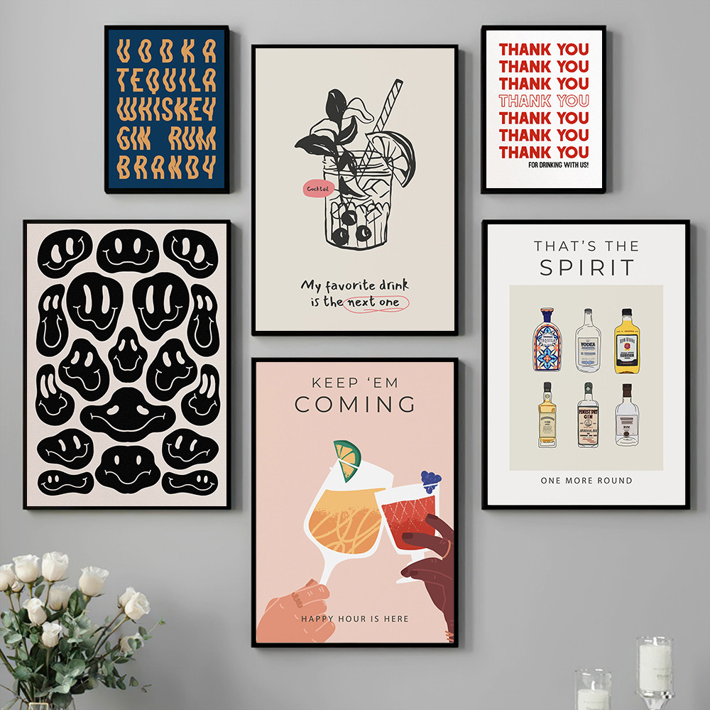 ค็อกเทลโปสเตอร์ Funky Girly Smile Face ครัวอ้าง Wall Art พิมพ์บาร์รถเข็นตกแต่ง Preppy หอพักตกแต่งค็อกเทลภาพวาดผ้าใบ