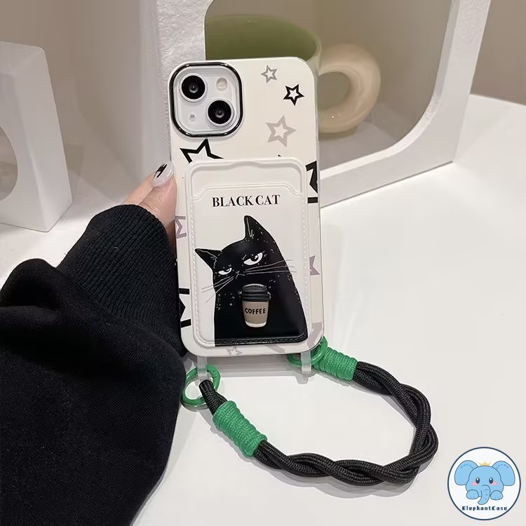 แมวสีดำน่ารักกระเป๋าสตางค์บัตรเข้ากันได้กับ เคสไอโฟน 13 11 XR 15 14 12 Pro Max 7 15 8 14 Plus X XS Max SE 2020