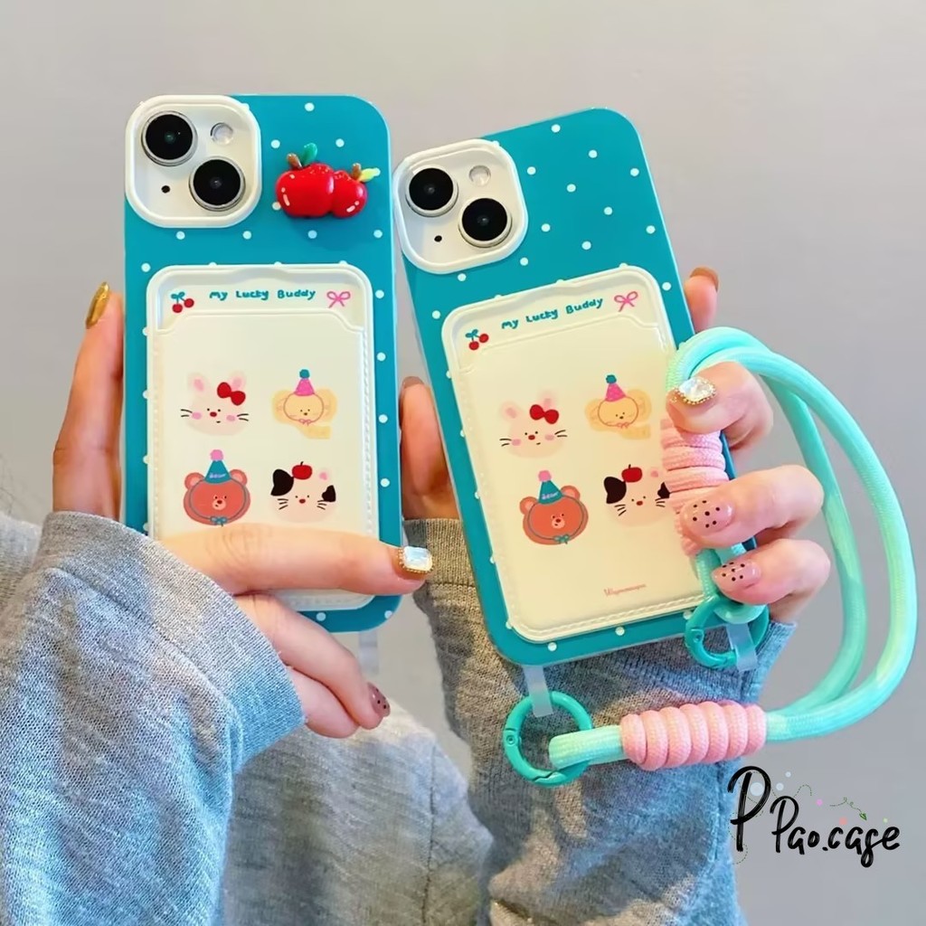 น่ารักเชอร์รี่สัตว์คู่สายกระเป๋าสตางค์เคสเข้ากันได้กับ เคสไอโฟน 13 11 15 14 12 Pro Max 7 15 8 14 Plus XR X XS Max SE2020