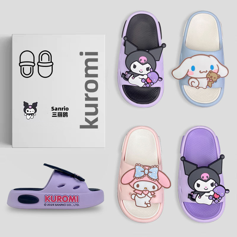 SANRIO น่ารัก สไลด์เด็กโดย ซานริโอ คุโรมิ ทํานอง คิตตี้ กลางแจ้งกันลื่นสวมทนรองเท้าแตะเด็กทารกเด็กหญิงในร่มรองเท้าแตะบ้าน
