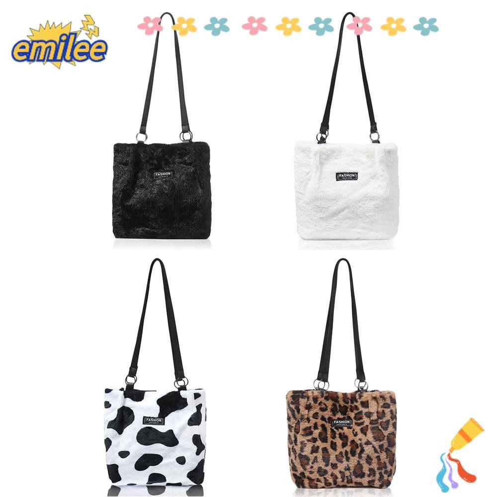 Emilee กระเป๋าสะพายฤดูหนาวเสือดาวพิมพ์ Soft Fluffy Plush Tote Bag