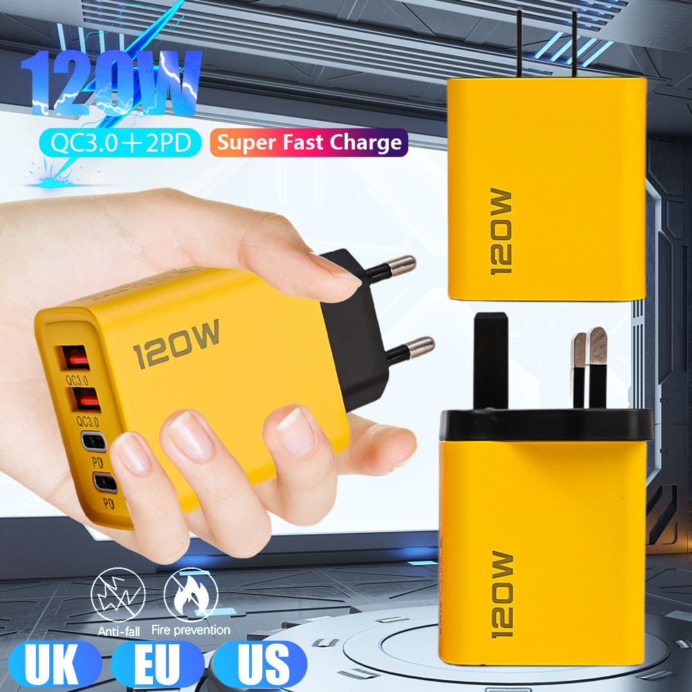 Pd 120W Type C USB Phone charger - สําหรับ iPhone Samsung Xiaomi - ทรงพลัง แบบพกพา มัลติฟังก์ชั่น - 4 พอร์ต Fast charger Adapter - Quick Charge 3.0 US/EU plug charger