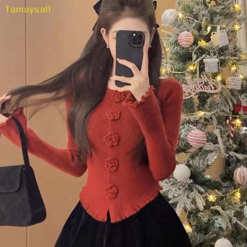 [TAMU] 3d-flower เสื้อสเวตเตอร์ถักผู้หญิงสไตล์เกาหลี High Street ปุ่มออกแบบถักสบายๆทุกวันฤดูใบไม้ร่วง Cozy Solid แขนยาว Aesthetic YSA