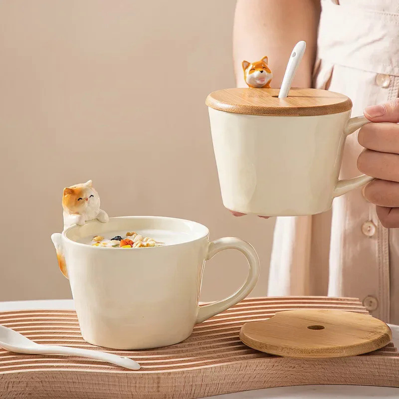 European Cartoon Tea Dog Cat Ceramic Mug Birthday Gift Porcelain Dessert Milk Cup Cute Kids Water Cu