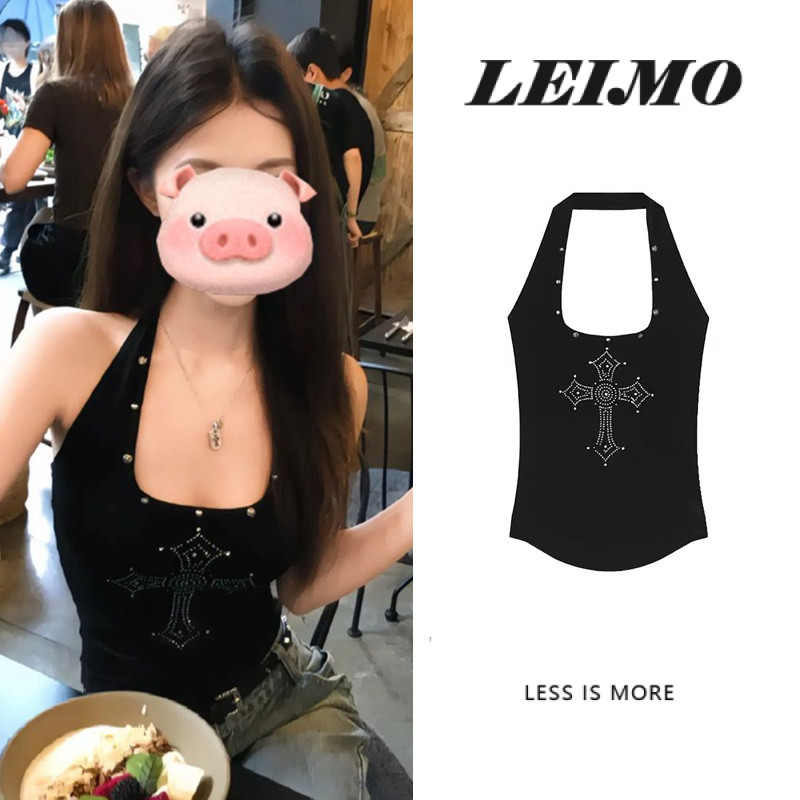 เสื้อกล้ามเชือกแขวนคอสีดำสำหรับผู้หญิงเสื้อสายเดี่ยวเข้ารูปสวยสไตล์เกาหลีฤดูร้อน
