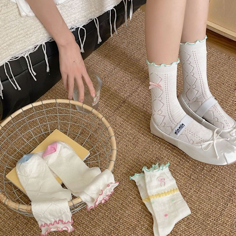 ฤดูร้อนบางสไตล์ Hollow JK ปักโบว์ถุงเท้าน่ารักตาข่ายลูกไม้สาว All-Match หวาน