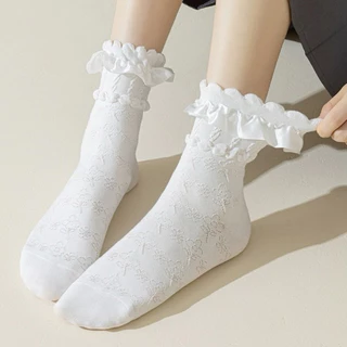 ริบบิ้นลูกไม้ Lolita ถุงเท้าผู้หญิงกลางหลอด Rose Bubble ปากถุงเท้าญี่ปุ่นน่ารัก Jk Breathable Sweaty ถุงเท้า