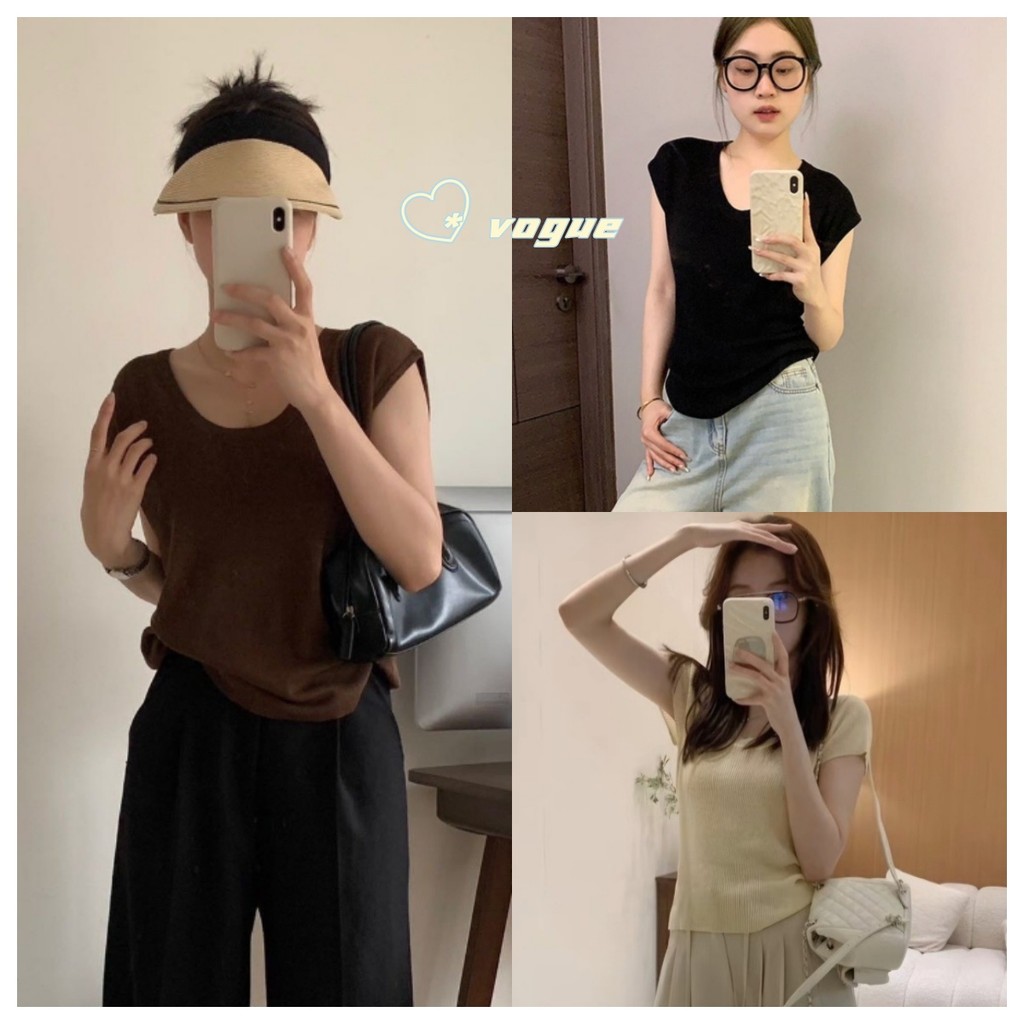Vogue พร้อมส่ง คอยูแขนสั้นทรงหลวม เสื้อไหมพรมแขนกุด คอวี ยืดสบาย ผ้าทิ้งตัวบางเบา (511-T)