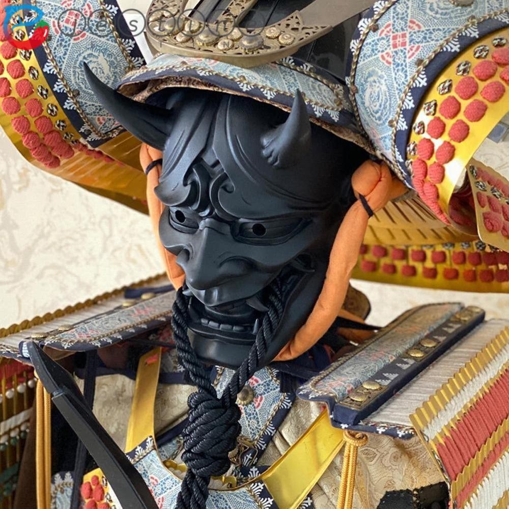 Jestine Prajna Head Cover, With Rope Soft Japanese Prajna Latex Mask, Halloween Decorative Horns Ghosts Face Red and Black Devil Mask ชุดคอสเพลย์