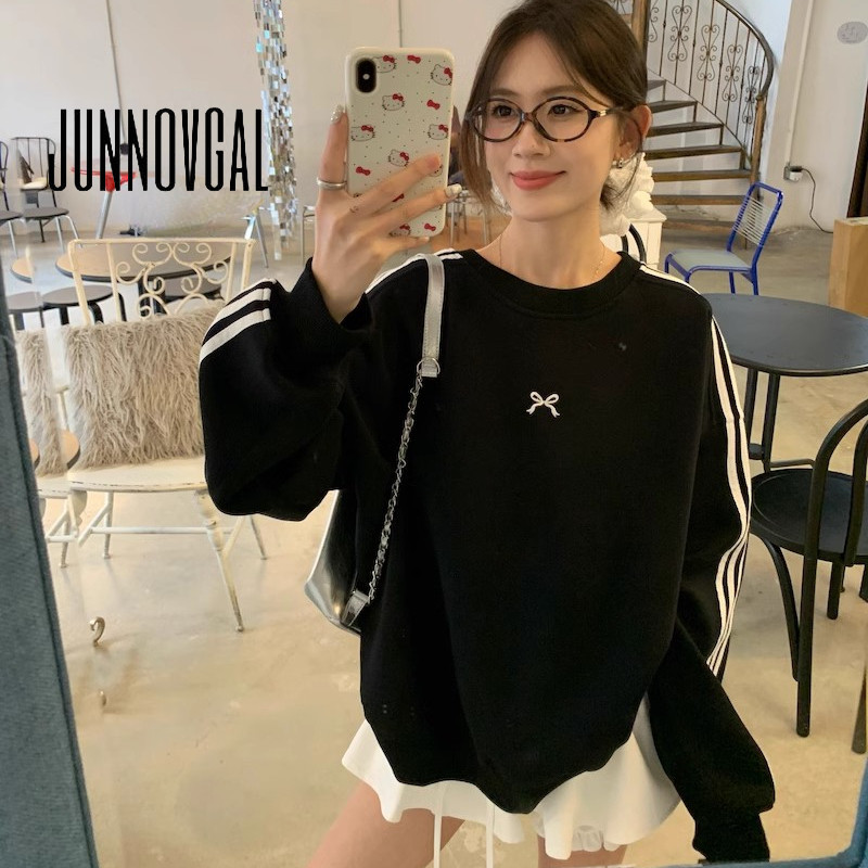 Junnovgal ผู้หญิงเสื้อลายเย็บปักถักร้อยแขนยาวหลวม Fit 2024 Casual สไตล์ใหม่