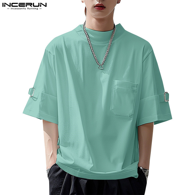 ไม่แน่นอน ผู้ชายเกาหลีลําลองคอกลมครึ่งแขนสีทึบเสื้อยืด