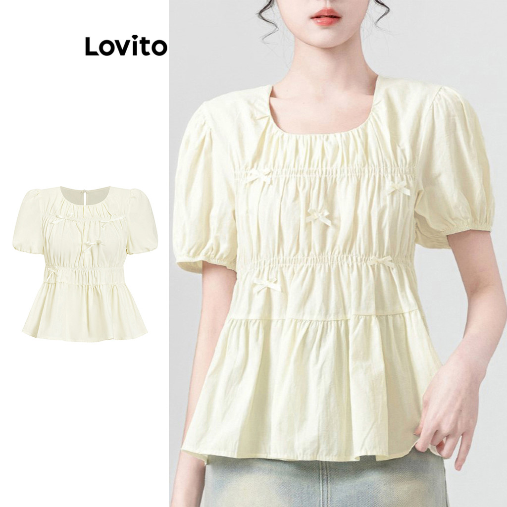 Lovito เสื้อเบลาส์โบว์ธรรมดาสำหรับผู้หญิง L104ED887