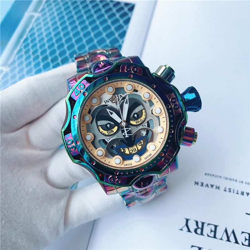 Invicta JOKER โจ๊กเกอร์สีชุบทองหน้าปัดใหญ่หน้าปัดปฏิทินแถบเหล็กสามมิตินาฬิกาการค้าต่างประเทศ