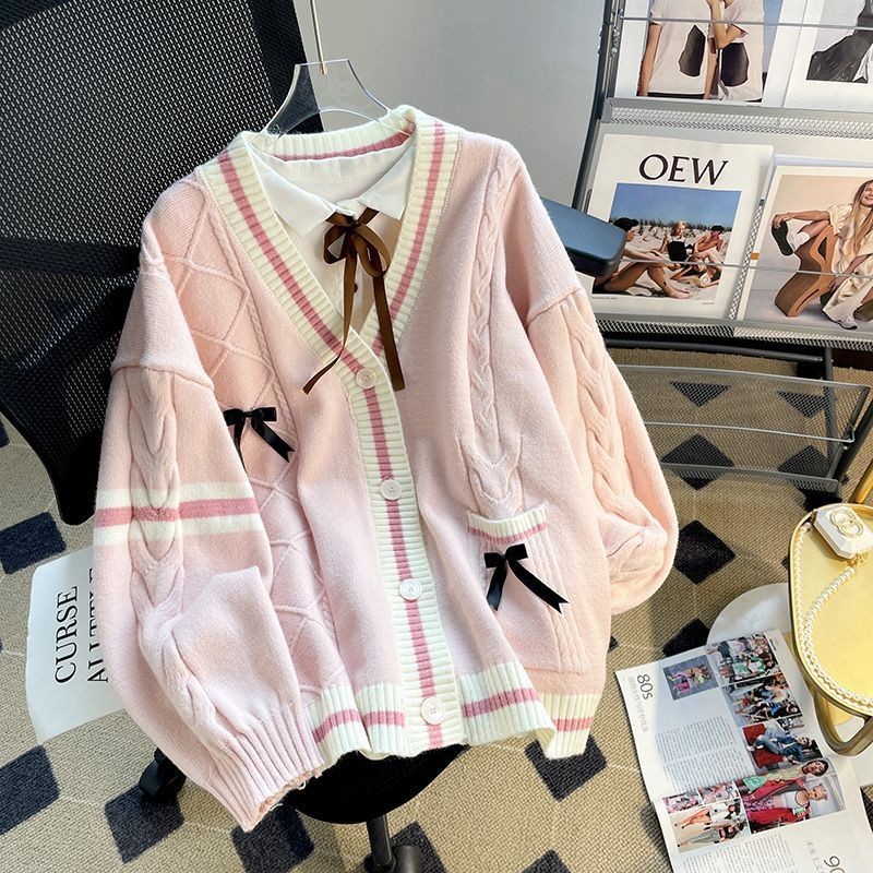 เสื้อสเวตเตอร์หลวมฤดูใบไม้ร่วงและฤดูหนาวใหม่ของผู้หญิงพร้อมปมโบว์