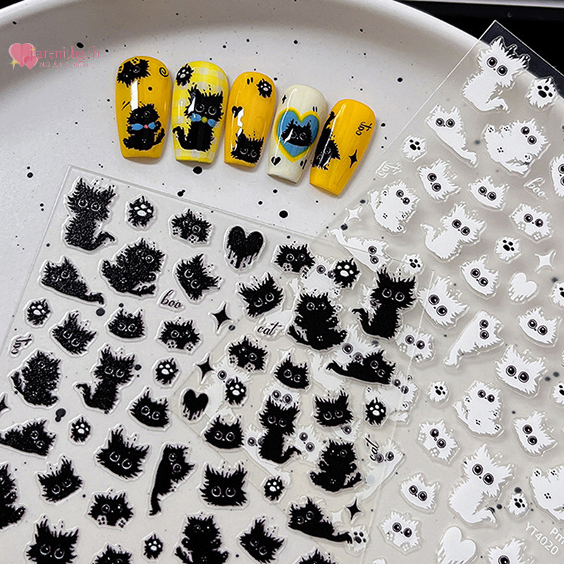 Renbg 1 แผ่นน่ารักสีดําและสีขาวแมวสติกเกอร์เล็บกาวเล็บ Decals เล็บแมว Decal Love Heart Cats Paw เล็บ Decals TH