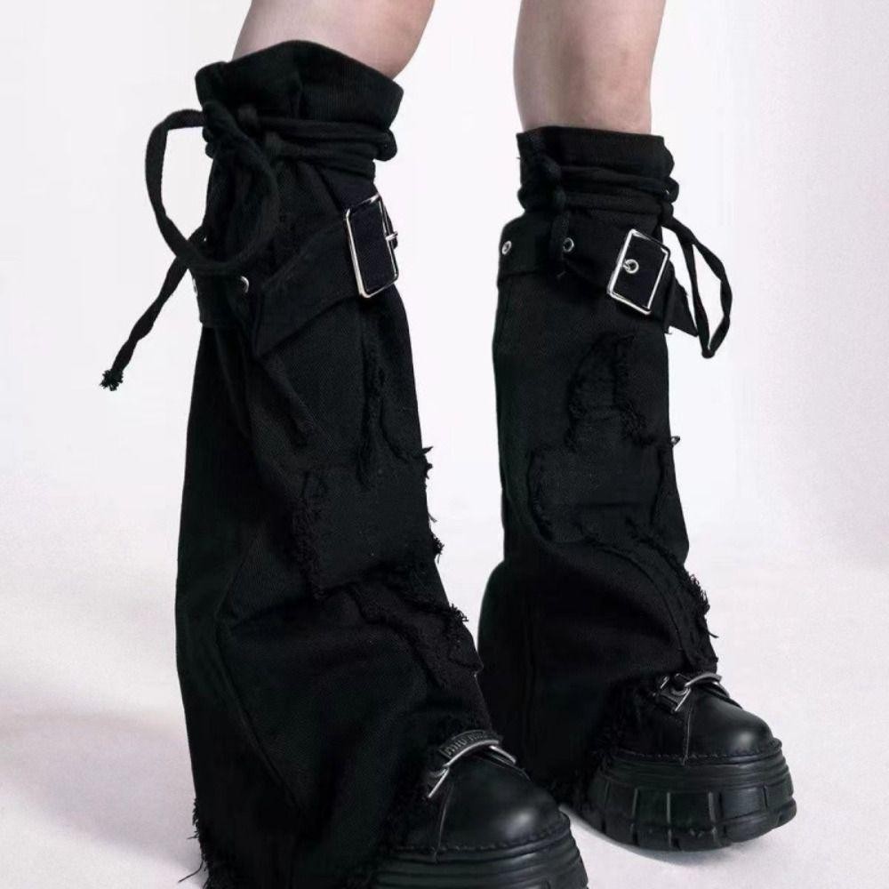 ปลอกขาน่องวินเทจฮาราจูกุ สีดํา สายรัดยีนส์สไตล์ Punk Y2k สําหรับผู้หญิง - รูปที่ 5