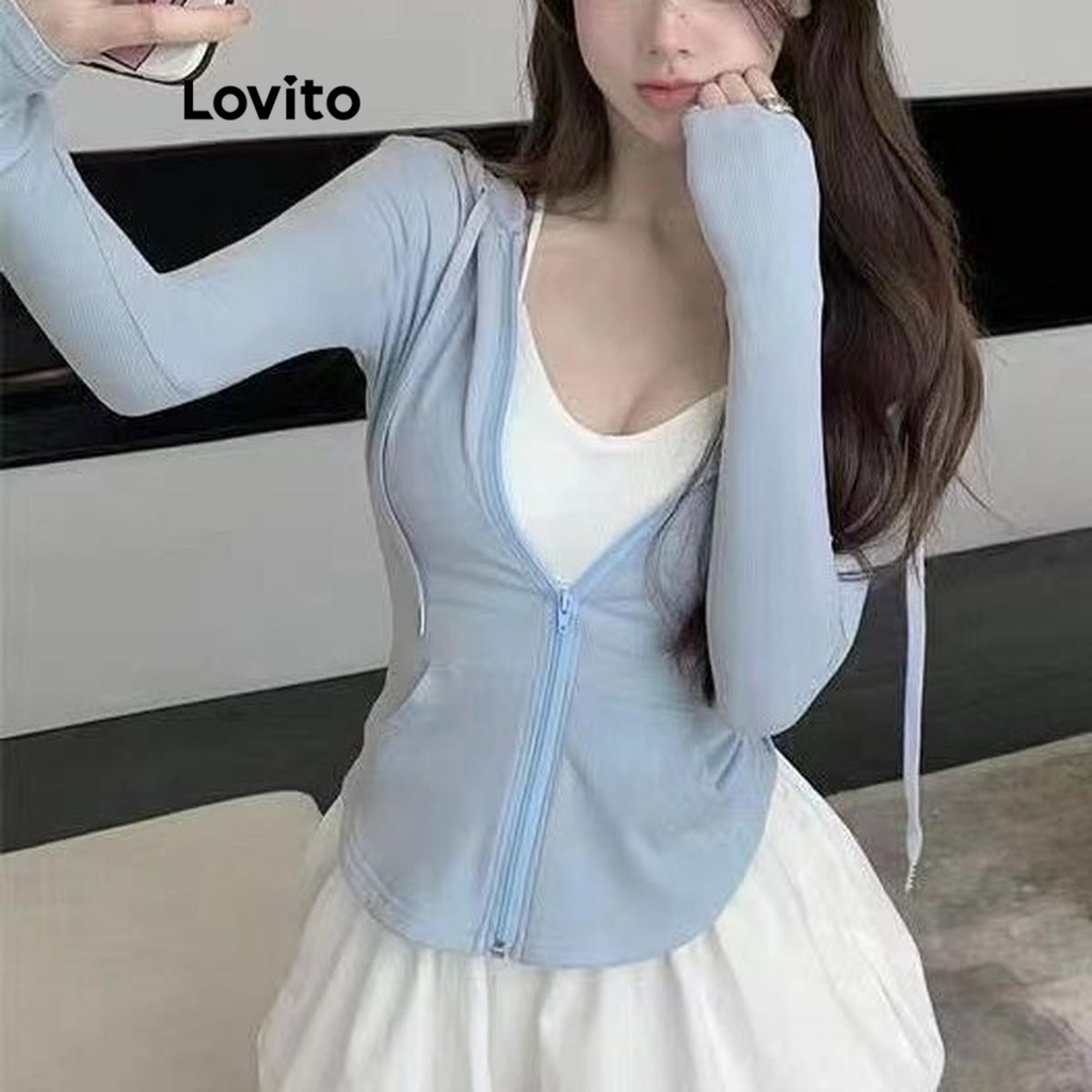 Lovito เสื้อแจ็คเก็ตกีฬาเชือกรูดซิปธรรมดาสำหรับผู้หญิง LNE72149
