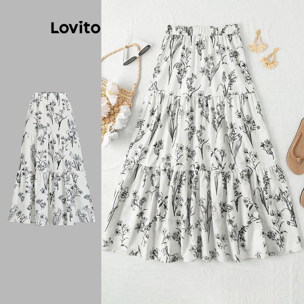 Lovito กระโปรงกุ๊นลายดอกไม้ ลายเดซี่หรูหราสำหรับผู้หญิง L104ED183