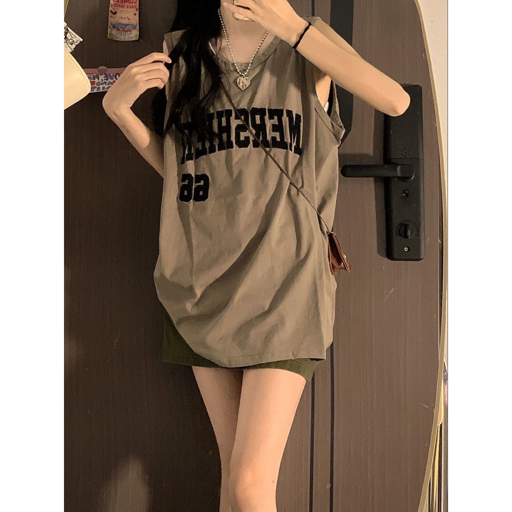 เสื้อยืดแขนกุดแบบสายเดี่ยวใส่ไปข้างนอกเสื้อใส่ช่วงฤดูร้อนแบบยาวปานกลางสำหรับใส่เล่นกีฬาแนวหวานและเผ็ดเสื้อกล้ามแนวสูงแนว
