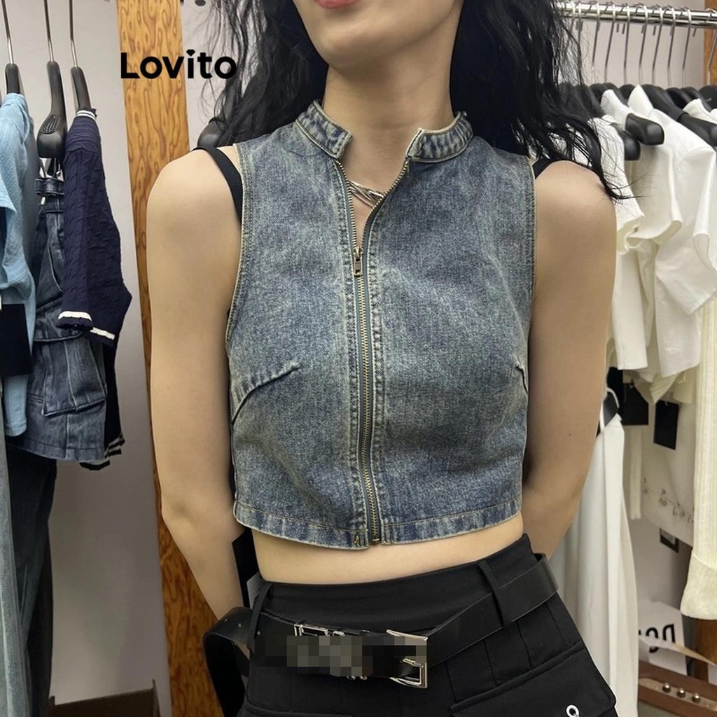 Lovito เสื้อยีนส์ผู้หญิง มีซิปรูด สีพื้น สไตล์ลำลอง LNA65261