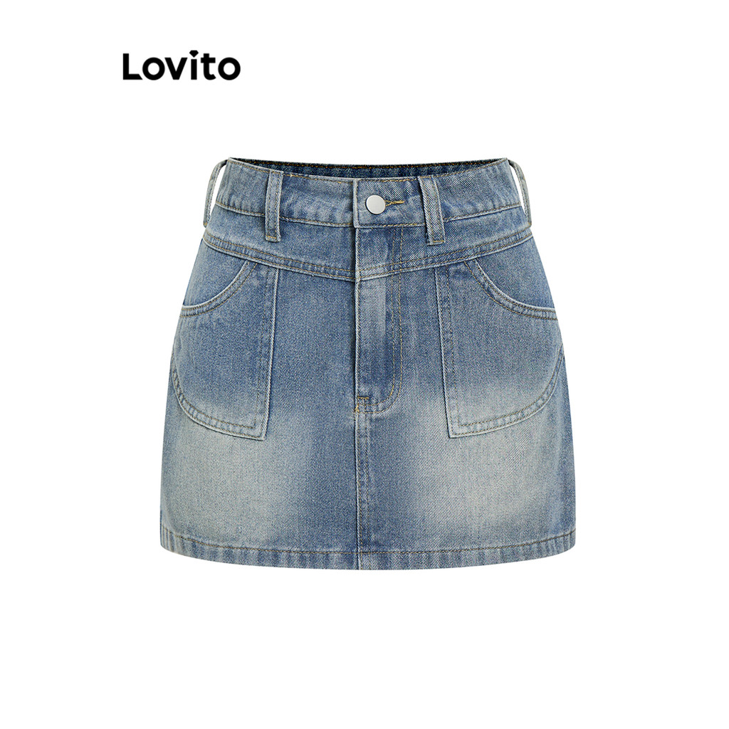 Lovito กระโปรงยีนส์กระเป๋าธรรมดาสำหรับผู้หญิง L101AD034