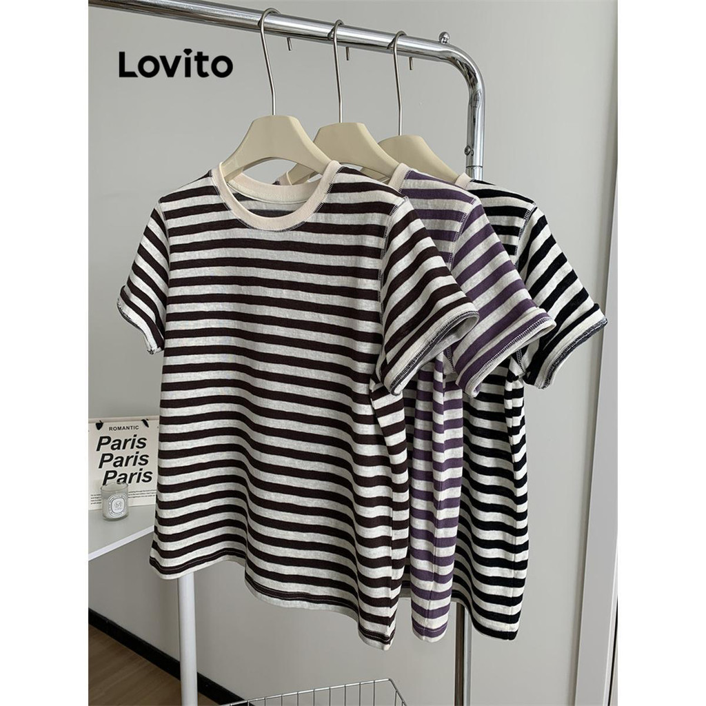 Lovito เสื้อยืดผู้หญิง ลายทาง แบบคัลเลอร์บล็อก สไตล์ลำลอง LNE71083