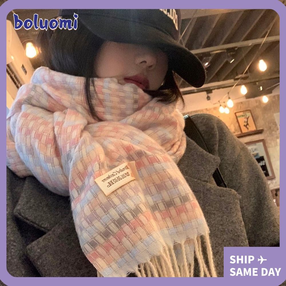 โบลูมิ ผ้าพันคอพู่ยาว,ถักอบอุ่นผ้าพันคอลายสก๊อตที่มีสีสัน,นุ่มฤดูหนาวหนาแคชเมียร์ผ้าคลุมไหล่ห่อผู้หญิง