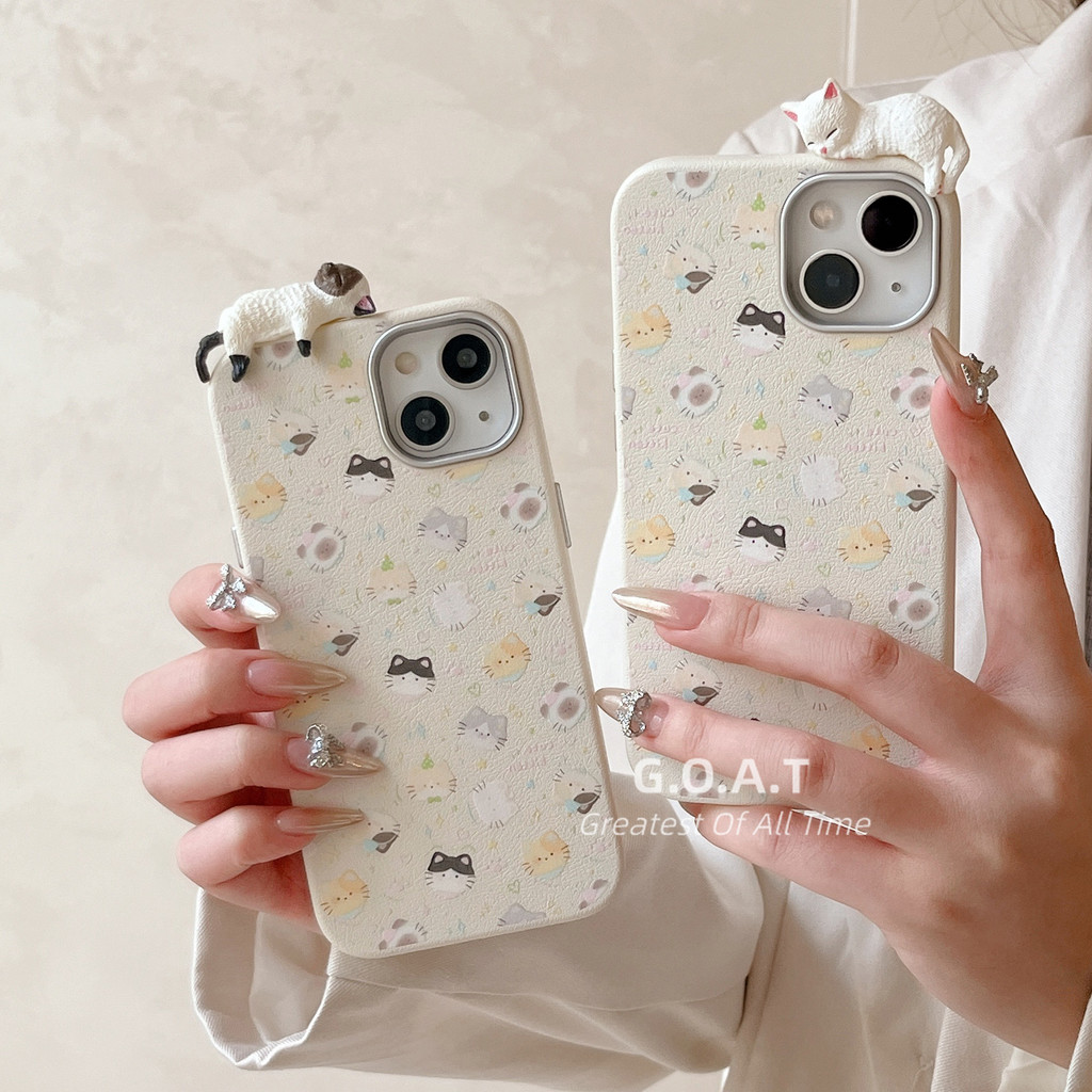 Goat ปลอกลูกแมวการ์ตูนน่ารักหนังขั้นสูงเข้ากันได้กับ iPhone 16 15 13 14 12 pro max ฝาครอบป้องกันการล่มสลายฝาหลัง
