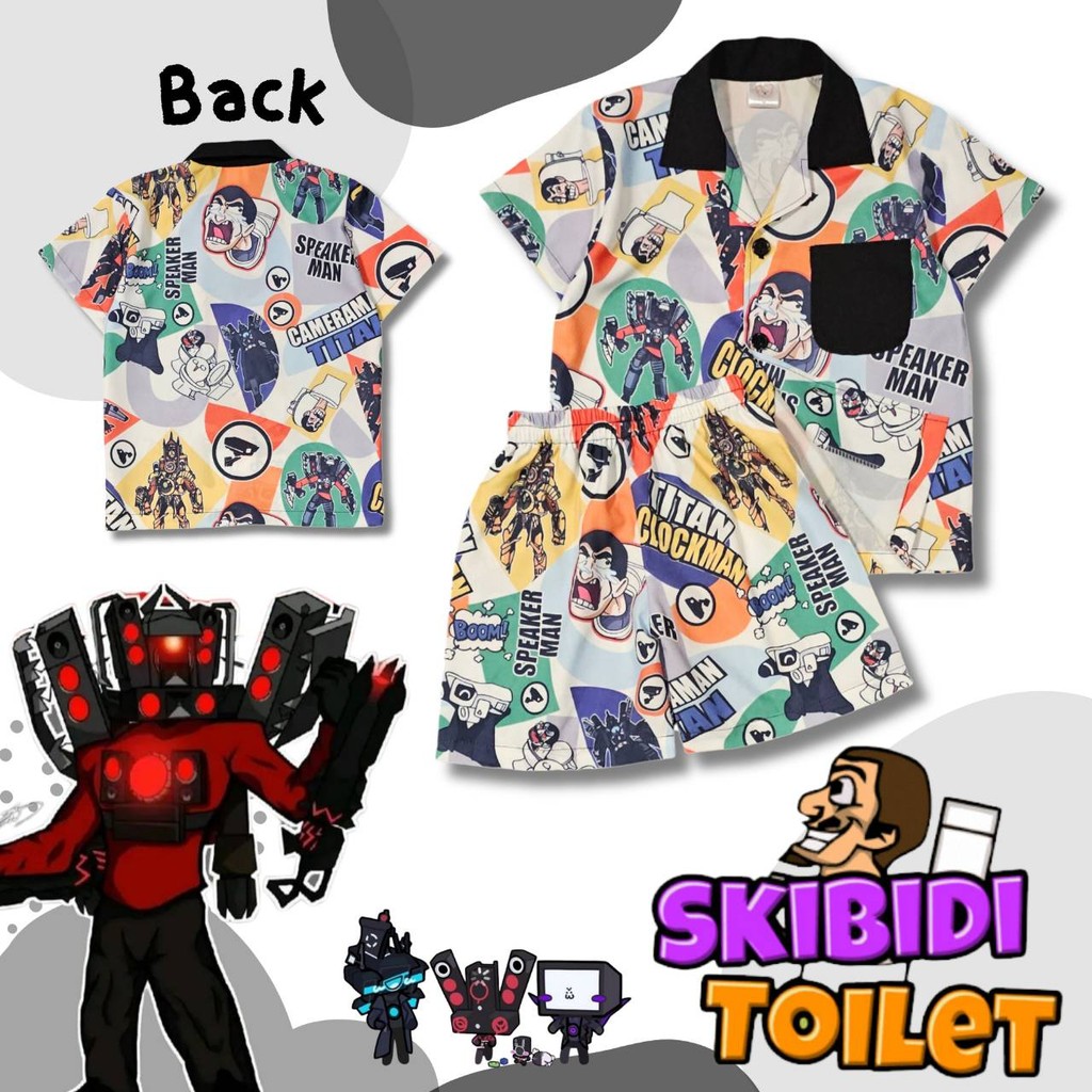 SKBD0931#4 ชุดเด็ก เซ็ตเสื้อฮาวาย+กางเกงขาสั้น ผ้าไหมอิตาลี ลายสกิบิดี ชุดเด็กลายการ์ตูน ชุดเที่ยวทะเล ชุดครอบครัว