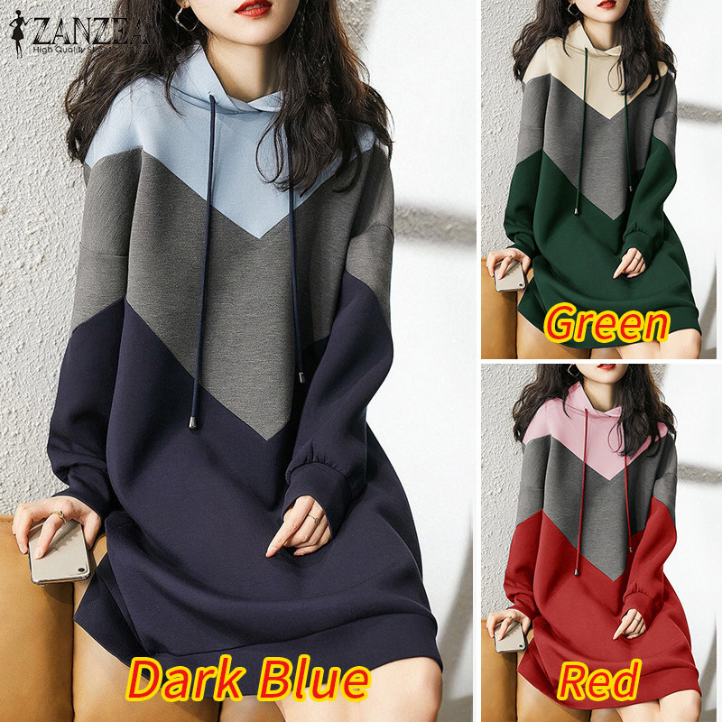 Zanzea ชุดเดรสสเวตเตอร์แขนยาวมีฮู้ดแฟชั่นเกาหลีสําหรับผู้หญิง - รูปที่ 2