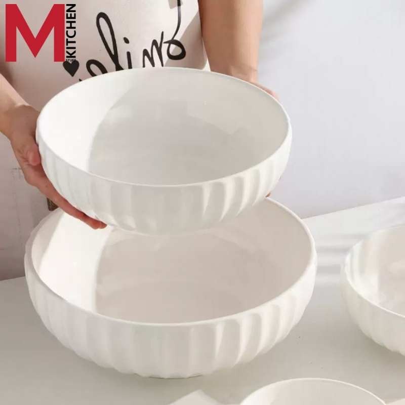 M KITCHEN ชามสลัด ลายริ้ว กระเบื้อง เซรามิค 1ใบ เข้าไมโครเวฟได้ มีขอบจับถนัดมือ