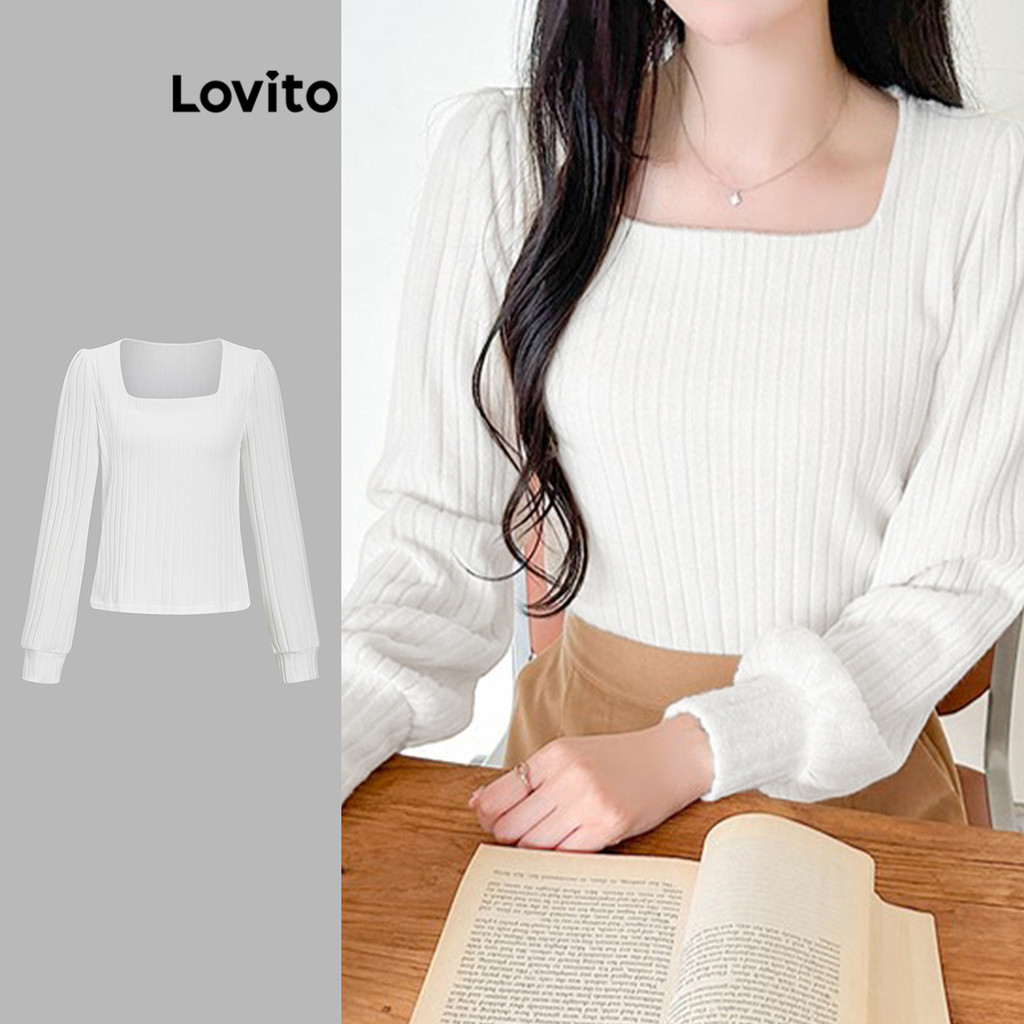 Lovito เสื้อสเวตเตอร์ถักซี่โครงธรรมดาสบาย ๆ สำหรับผู้หญิง L105MD511