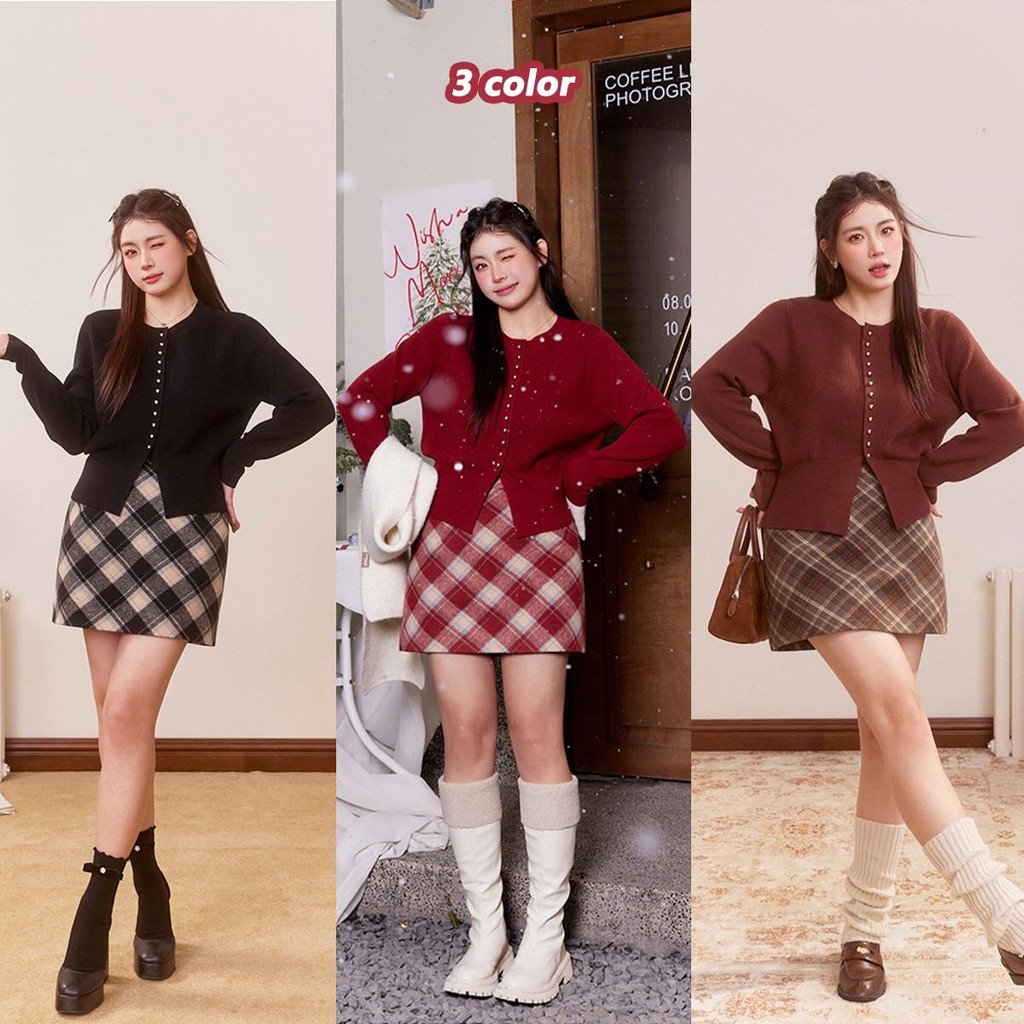 Grace เสื้อคาร์ดิแกนถักแขนยาว คอกลม กระดุม ข้อมือจั๊มพ์ เสื้อผ้าสาวอวบอ้วน เสื้อสตรีเกาหลีและน่ารัก #X025