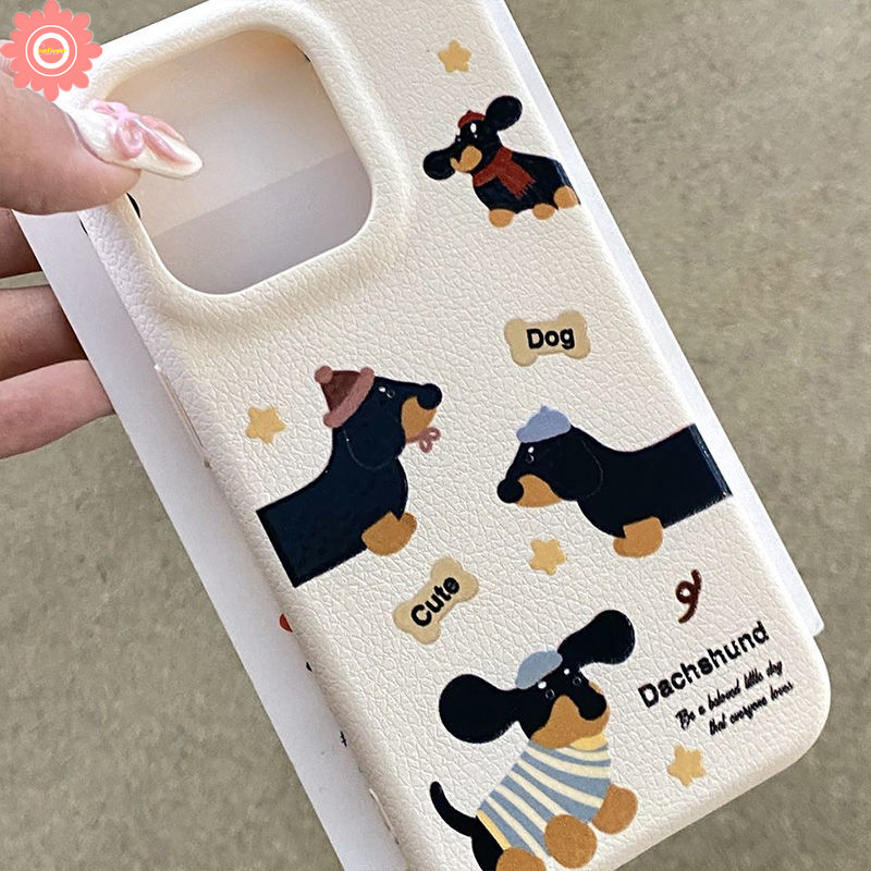 การ์ตูนน่ารักสุนัข Graffiti น่ารัก Balck Dachshund สําหรับ IPhone 16 11 13 15 14 12 Pro Max 15 14 16 Plus 16Pro 15Pro หรูหราลิ้นจี่หนังผิวรู้สึกนุ่มกรณี