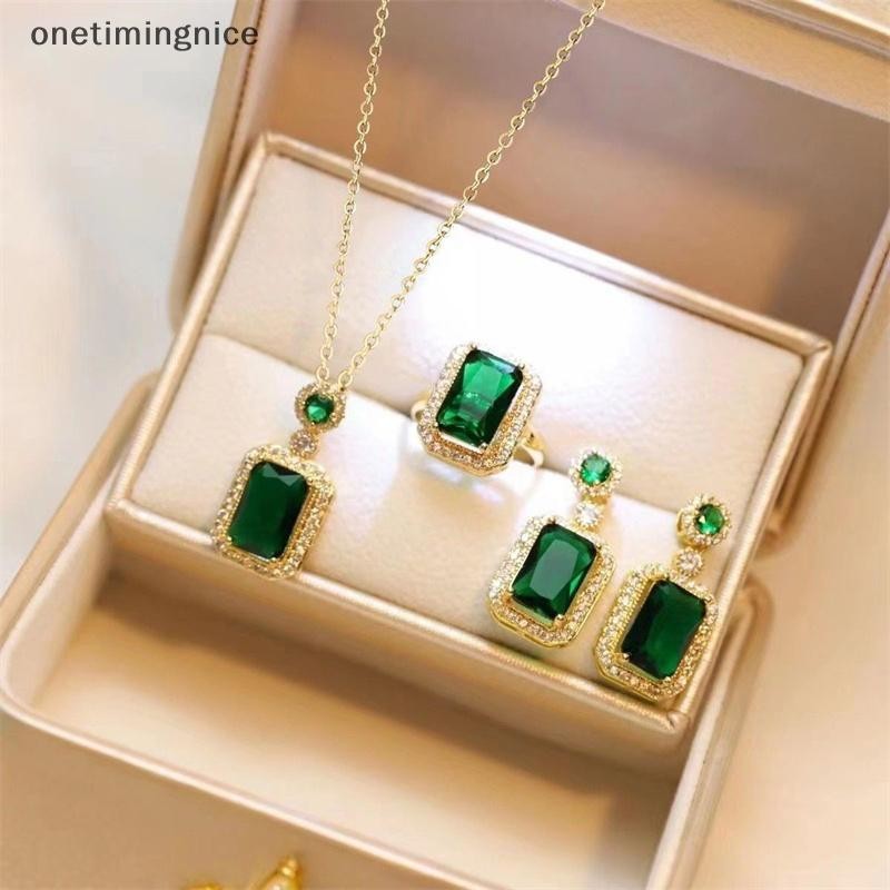 Onetimingnice 3 ชิ้นมรกตคริสตัลสร้อยคอต่างหู Niche High-end Design Collarbone Chain ชุดเครื่องประดับ