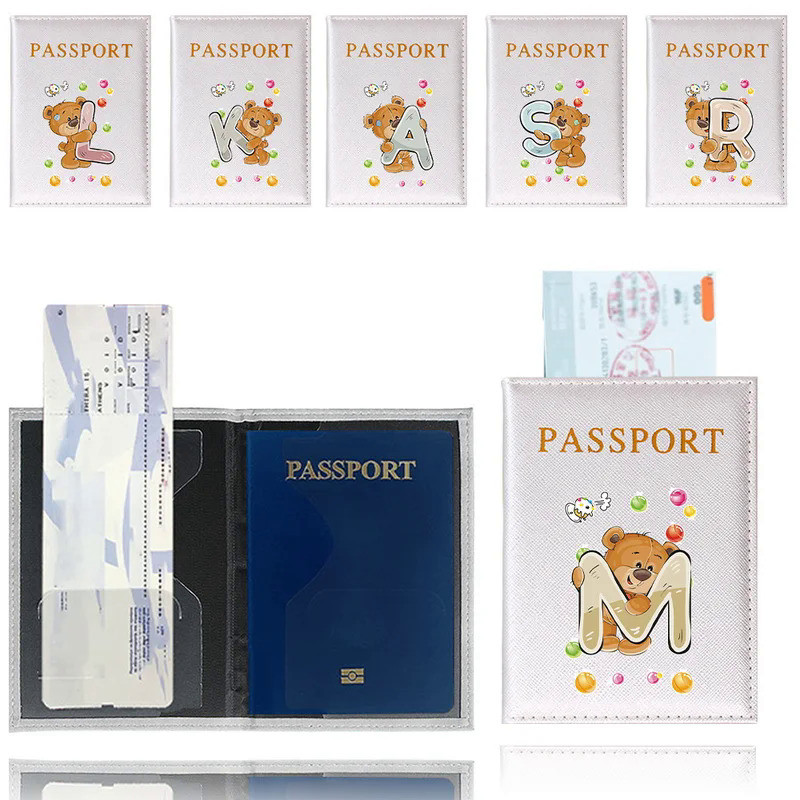 Passport Cover Leather Passport Holder Travel Document Bag Printing Bear Letter Series Passport Bag 
