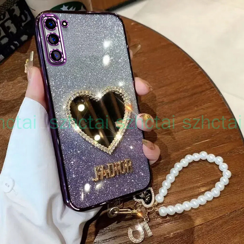 เคส Samsung S21 FE S21 PLUS S21 ULTRA S21 หรูหรา ชุบ แวววาว เกราะป้องกัน เปลือกอ่อน พร้อมเครื่องสําอางแต่งหน้า กระจกแห่งความรัก สร้อยข้อมือ เชือกเส้นเล็ก
