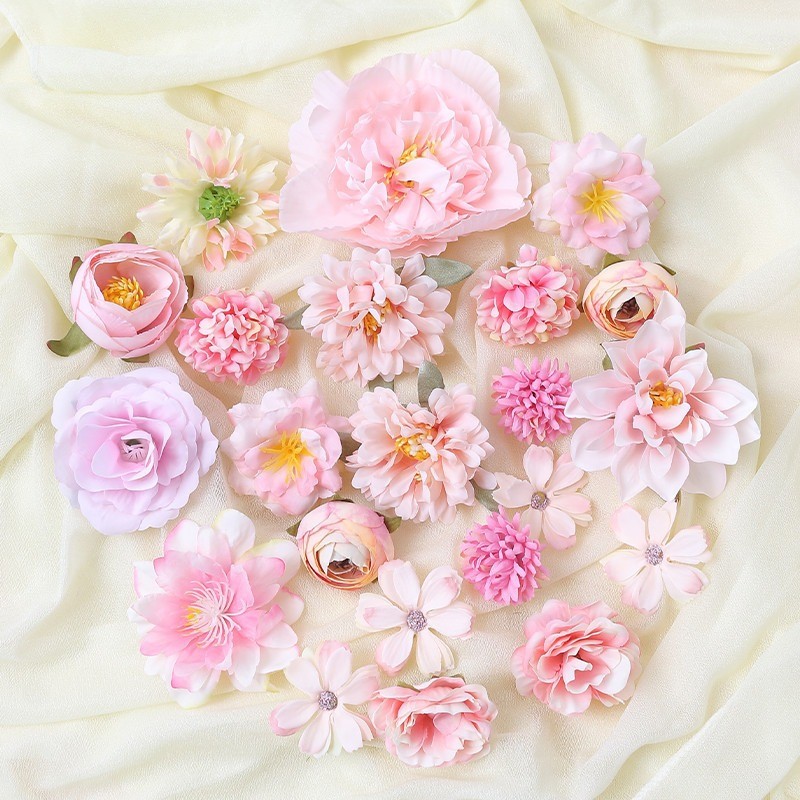4.5-10 ซม.21 PCS ประดิษฐ์ดอกไม้สีชมพูชุดงานแต่งงานตกแต่งบ้าน DIY พวงหรีด Hairpin เข็มกลัดของขวัญดอกไม้ผ้าไหมปลอม Flowe