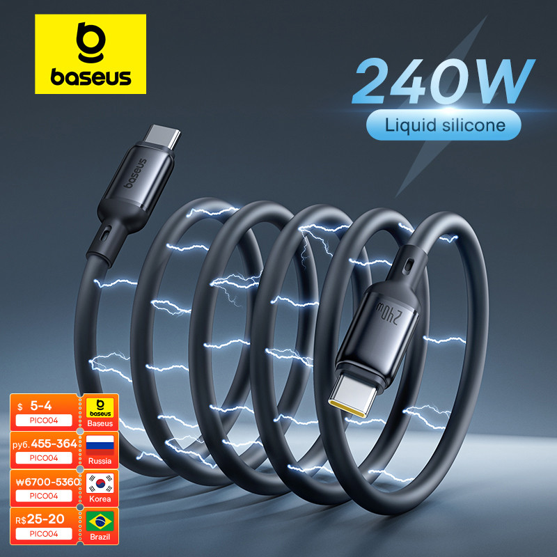 Baseus Picogo 240W สาย USB C สําหรับ iPhone 16 15 Magnetic Fast Charging ประเภท C สําหรับ Macbook สายซิลิโคนเหลวสําหรับ Samsung