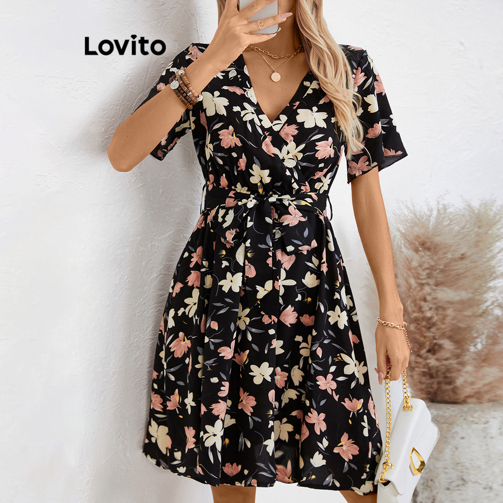 Lovito ชุดเดรสเข็มขัดลายดอกไม้หรูหราสำหรับผู้หญิง LBL17390