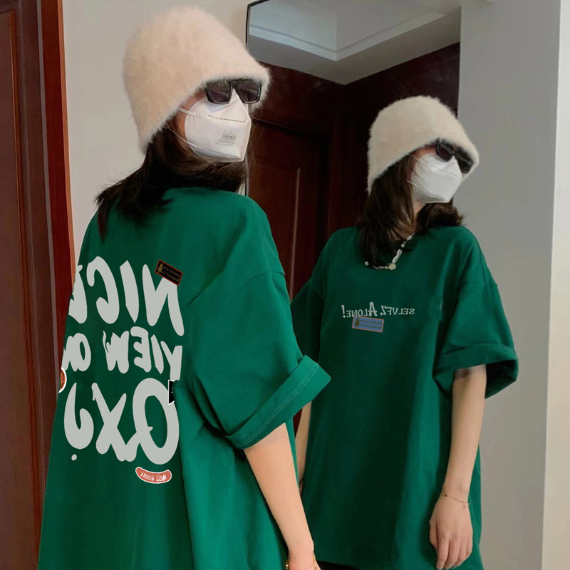 เสื้อยืดแขนสั้น ทรงหลวม ความยาวปานกลาง สีเขียว แฟชั่นฤดูร้อน สไตล์อเมริกันเรโทร สําหรับผู้หญิง cotton 100 S-3XL #55766