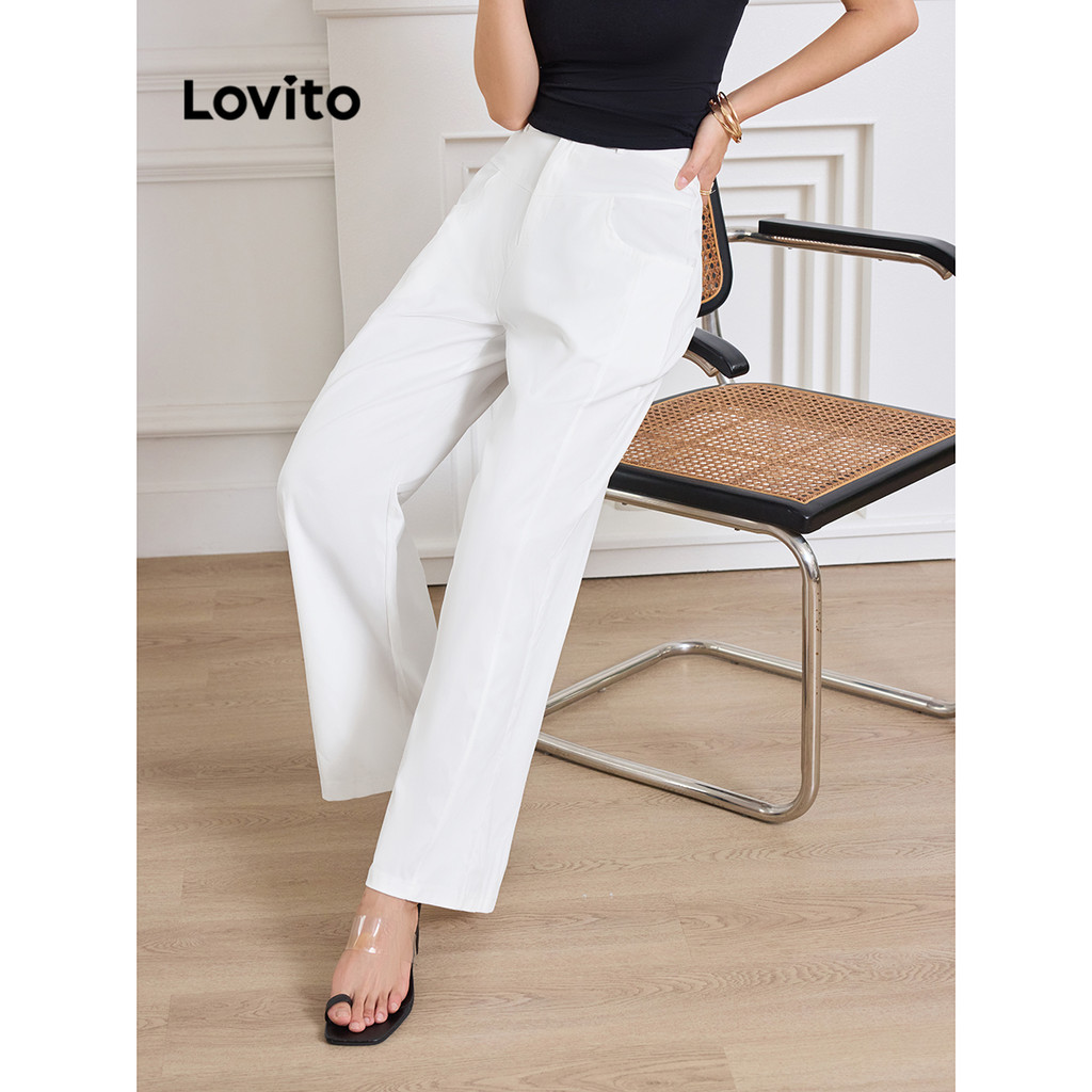Lovito กางเกงขายาวผู้หญิง ตีเกล็ดหน้า มีกระเป๋า สีพื้น สไตล์ลำลอง LNE48229