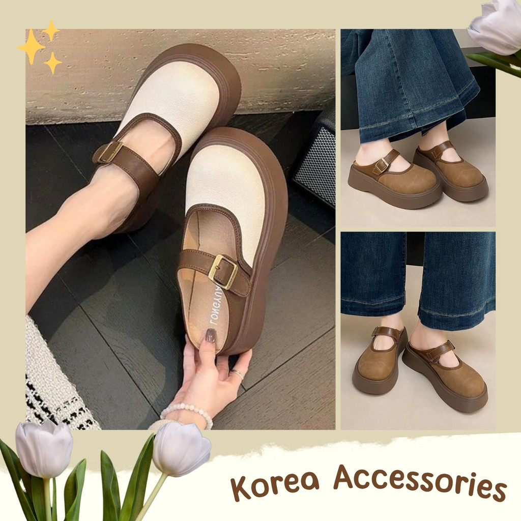 💮Korean Style Shop Online💮  รองเท้าแมรี่เจนส้นตึก เปิดส้น Mary Jane คาดสายเข็มขัดปรับได้ ทูโทน 2 สี 