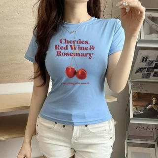 G01-10 เสื้อยืดสีดำ แขนสั้นพิมพ์ลายเชอรี่ สุดน่ารัก แนวเกาหลี หลายไซส์ ผ้านิ่มสวมใส่สบาย ใส่ได้ทุกโอกาส ราคาถูก