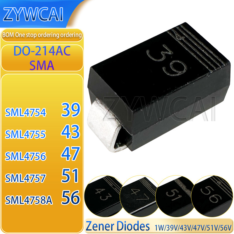 20PCS SML4754 39 1W/39V SML4755 43 1W/43V SML4756 47 1W/47V 51 1W/51V SML4758A 56 1W/56V Zener volta