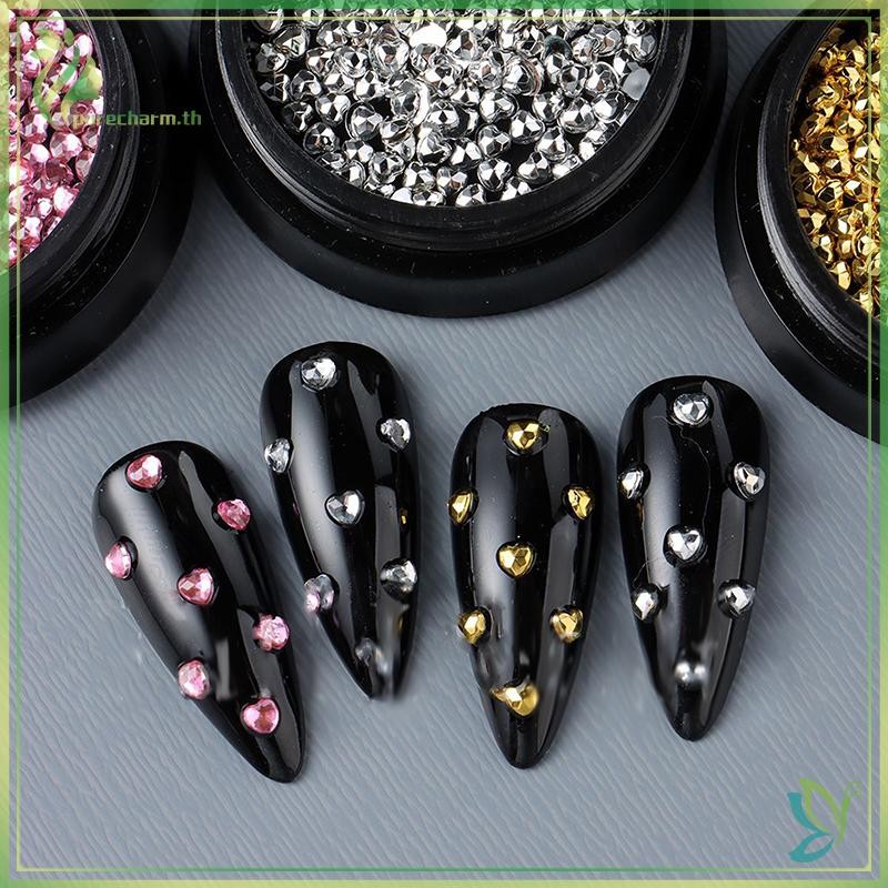 เครื่องประดับเล็บ 4 สี กล่อง 1 Rhinestone รูปหัวใจ Charms ลูกปัดทองเงิน อุปกรณ์เสริม {ขาย}