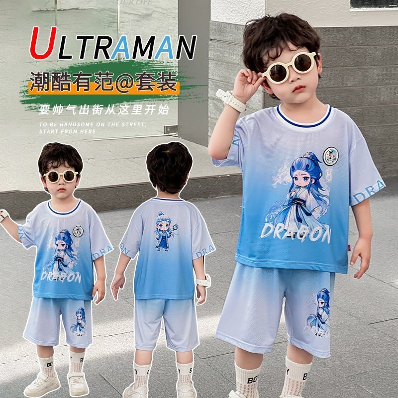 ชุด Nezha เด็กเล็กกลาง Quick-Drying Lights Nezha ชุด Boy เสื้อผ้าเด็กเสื้อผ้าเด็กแขนสั้นชุด Nezha