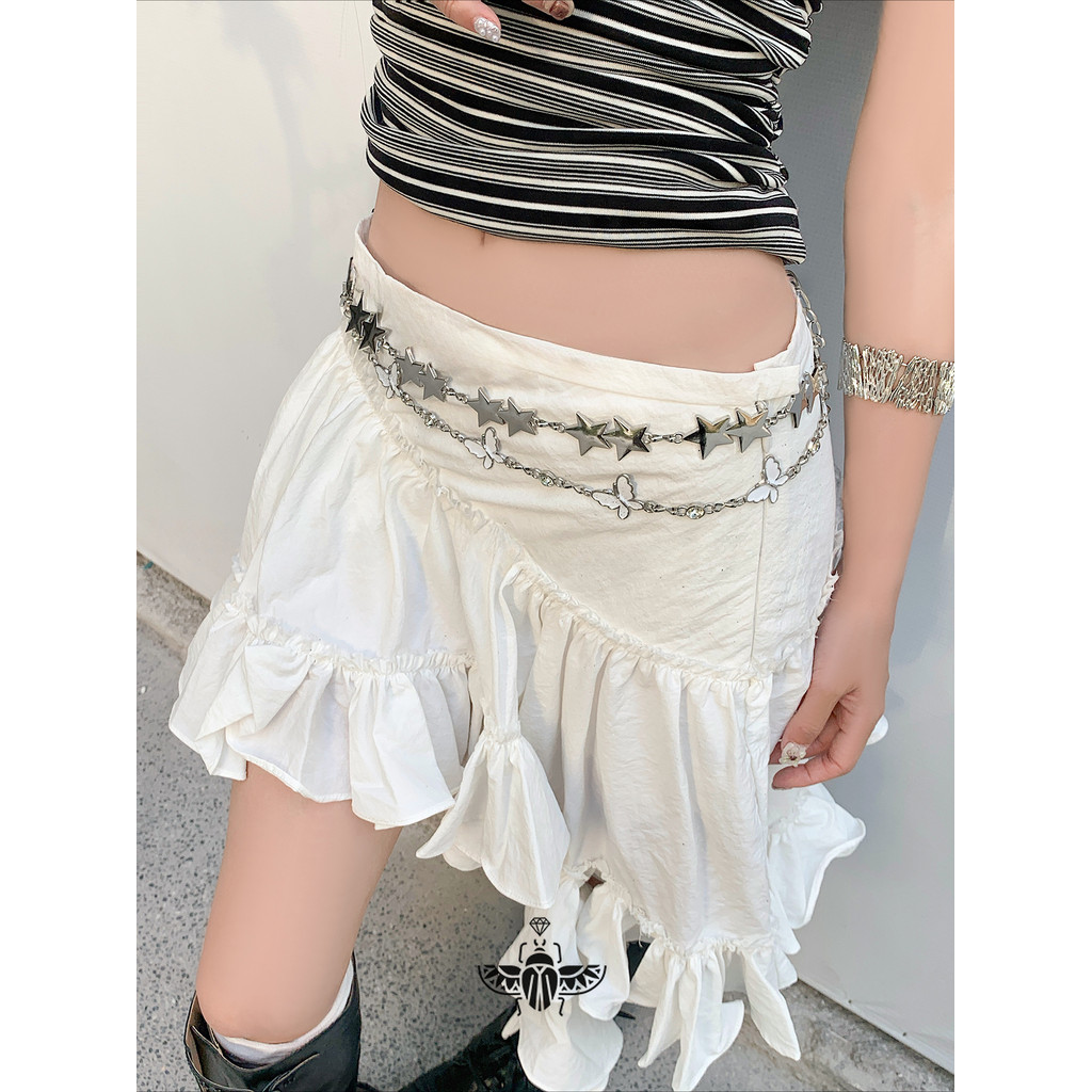 เข็มขัดโลหะเงินสไตล์ Star Pentagram สำหรับผู้หญิง ยุคVintage Y2K เสริมความหวานและความเท่ กับกระโปรงที่เหมาะสำหรับแมตช์