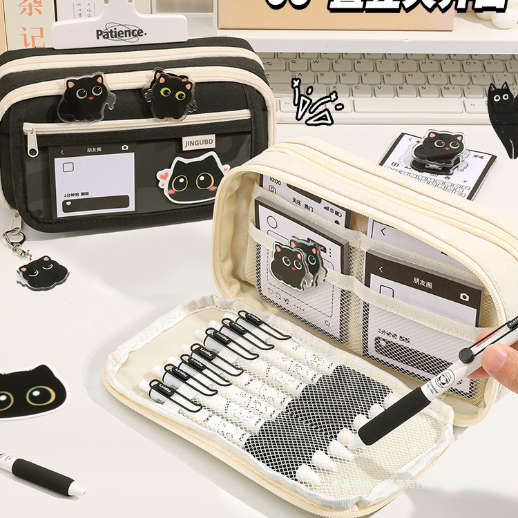 ความจุขนาดใหญ่สีดําแมวกรณีดินสอมัลติฟังก์ชั่กรณีดินสอปากกากระเป๋านักเรียนกลับกับอุปกรณ์การเรียน - รูปที่ 6