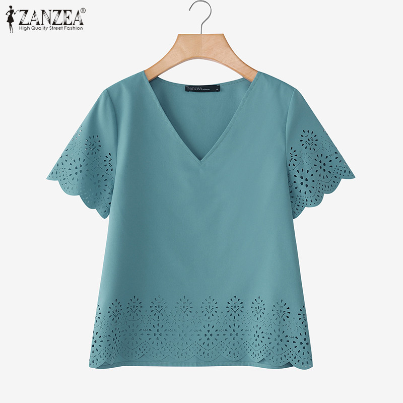 ZANZEA เสื้อเบลาส์แขนสั้นคอวีสำหรับผู้หญิง การออกแบบเปิดหน้าอกและเชื่อมเนื้อผ้าอย่างหรูหราสไตล์เกาหลี